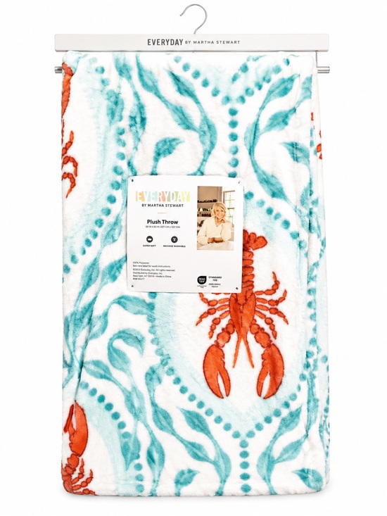 Martha Stewart Other - Martha Stewart Plush Throw Blanket in White with Teal and Orange Lobster Motif